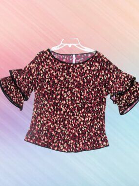 NY collections womens top blouse size L burgundy beige prints ruffled sleeves